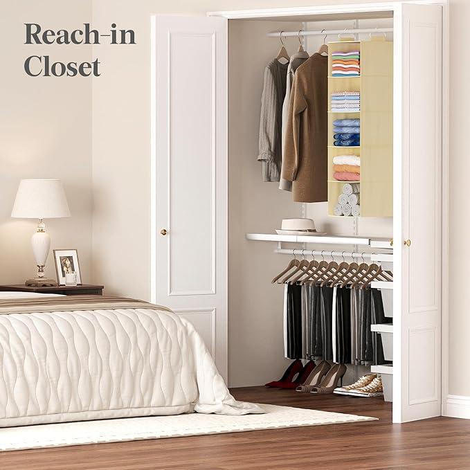 Lifewit 5 Tier Hanging Closet Organizer and Storage for Shelves, Foldable Clothes Shelf with 2 Sturdy Hooks, Sweater/Coat/Shoes Clothing Organization for Wardrobe, Dorm, Bedroom, Beige