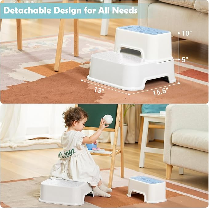 2 Step Toddler Step Stool, Non-Slip Multifunctional Kids Step Stool for Bathroom Sink & Toilet Potty Training,Supports Up to 220 lbs (2 Packs, Blue)