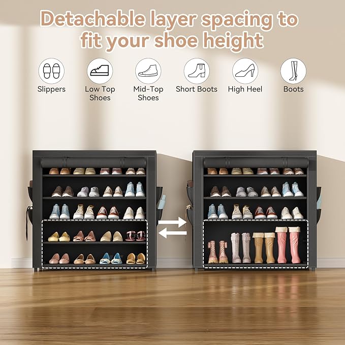 LANTEFUL Shoe Rack with Covers 5 Tier Tall Shoe Rack Organizer Large Capacity Shoe Shelf Storage 20-24 Pairs Space Saving Free Standing Shoe Storage Organizer for Closet, Entryway, Dorm, Black