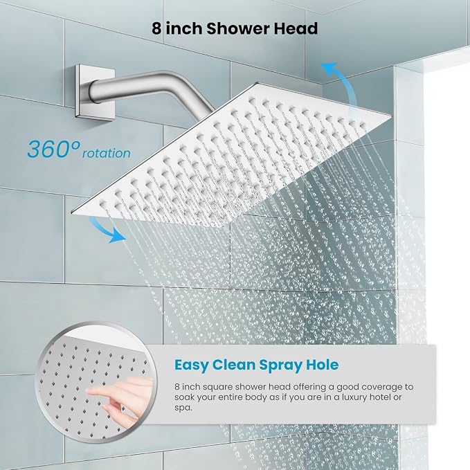 gotonovo Rainfall Bathroom Shower System Rain Shower Head and Handle Set Wall Mounted Shower Complete Combo Solid Brass Pressure Balancing Shower Mixer Valve 8 Inch Polished Chrome