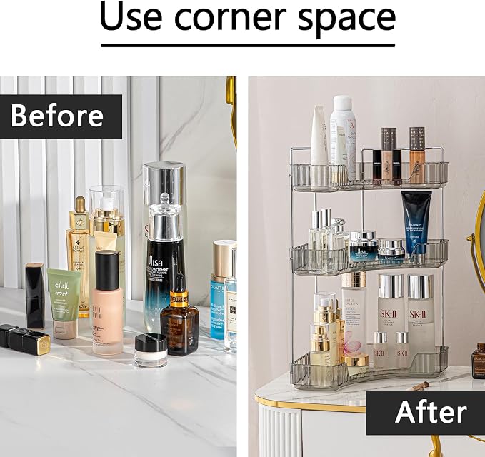 shuang qing 3-Tier Corner Bathroom Counter Organizer – Classic Storage Shelf for Makeup, Perfume & Toiletries, Space-Saving Countertop Tray Fits Bathroom, Dresser, Kitchen (Slate Gray)