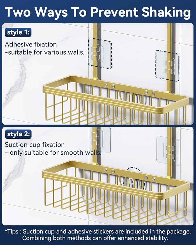 YASONIC Never Rust Shower Caddy Hanging, Aluminum Shower Racks for Inside Shower, 2-Tier Shower Organizer Hanging Over Shower Head with Hooks and Soap Holder, Gold