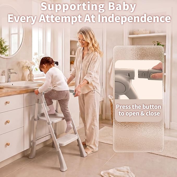 Toddler Step Stool Foldable, Kids Step Stools for Kitchen Counter, Foster Independence Learning Stool with Safety Guards&Net, Toddler Sturdy Standing Tower Kitchen Helper, Grey