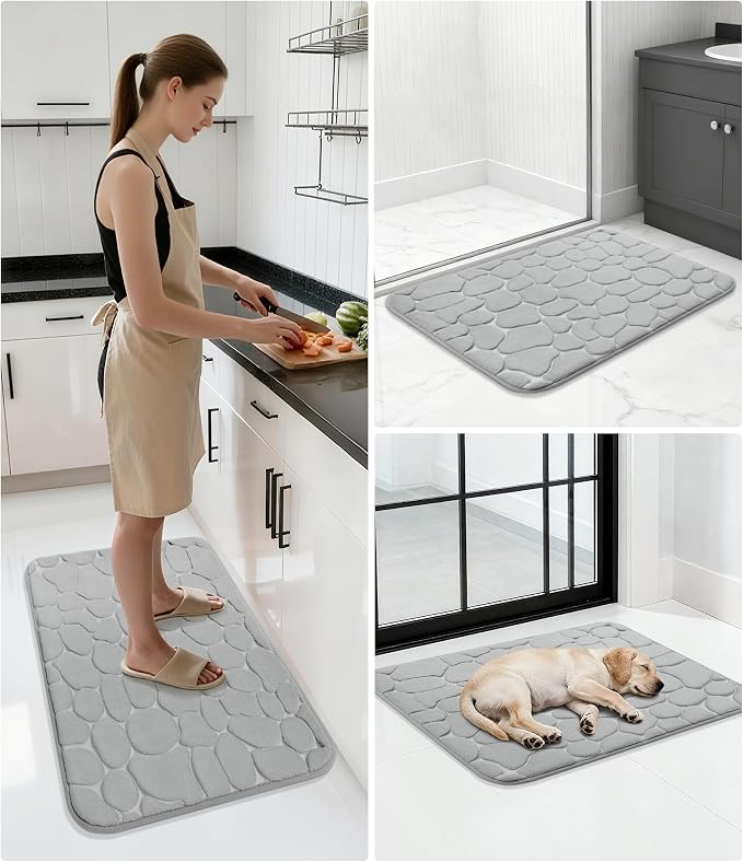 YIHOUSE Memory Foam Runner Rug, Cobblestone Bathroom Runner Rugs Super Water Absorbent Bath Mats for Bathroom Machine Washable Bath Rugs for Hallway Bedroom Laundry Room(26 x 50,Light Gray)