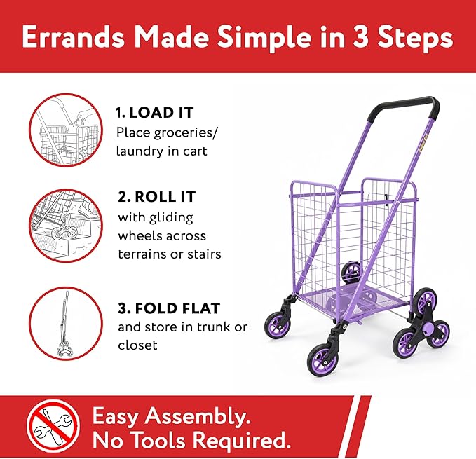 dbest Products Stair Climber Cruiser Cart Shopping Grocery Rolling Folding Laundry Basket on Wheels Foldable Utility Trolley Compact Lightweight Collapsible, Purple