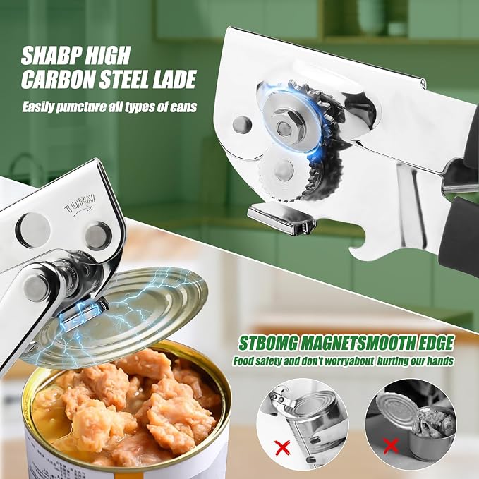 Commercial Can Opener Stainless Steel Handheld Can Opener Smooth Edge with Easy Crank Handle Black Swing Grips for Bulk Cans and All Size Cans