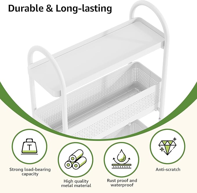 KINGRACK 3-Tier Slim Storage Cart with Pull Out Basket, Rolling Bathroom Organizer Utility, Metal Shelving Unit Slide Out, Lockable Wheels, Easy Assembly for Narrow Place, Kitchen, Laundry Room, White