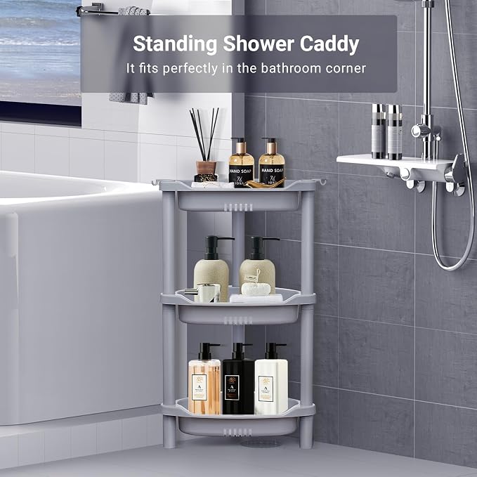 ELYKEN 3 Tier Shower Caddy Organizer Shelf Corner, 14.4 x 11.2 x 22.4 Inches, Rustproof, Plastic Shower Rack Stands for Inside Bathroom, Bathtub, Shower pan, Grey