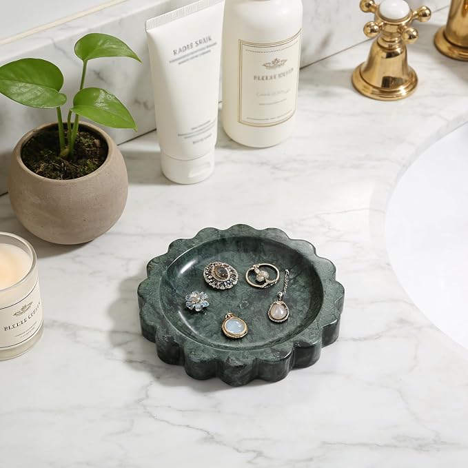 Koville 5.51" Scalloped Marble Tray, Round Stone Jewelry Trinket Dish for Ring, Natural Small Marble Tray for Bathroom Kitchen Dresser Countertop, Decorative Candle Tray(Green)