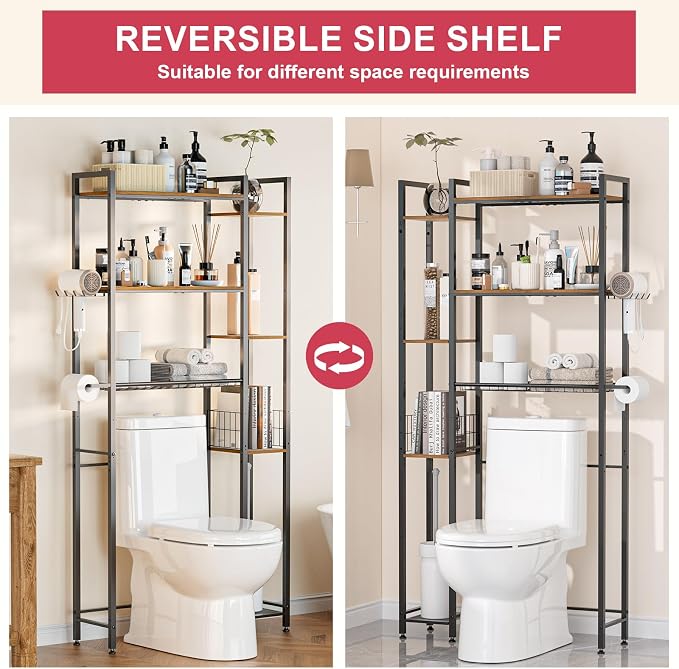Over The Toilet Storage with Wooden Shelves and Side Rack, 7-Tier Metal Over Toilet Bathroom Organizer Freestanding Storage Shelf for Toilet Paper, Towels, Toiletries, Ideal for Small Bathroom