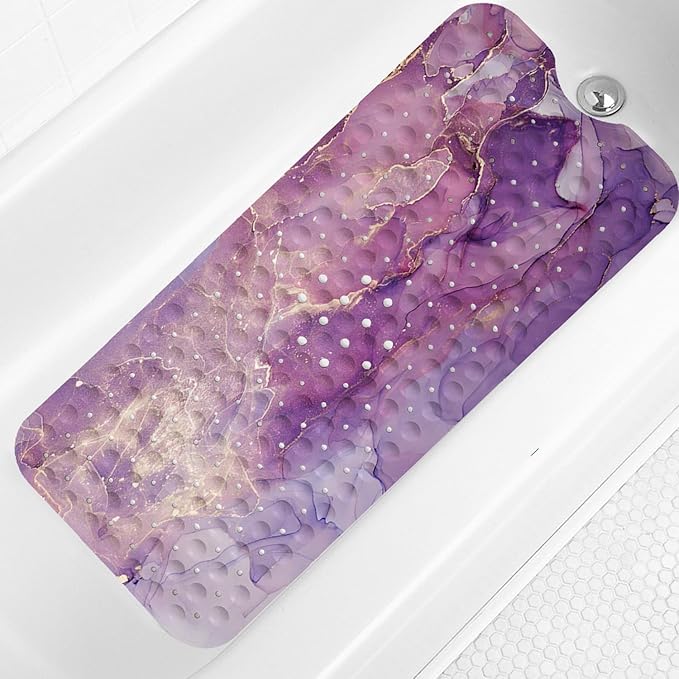 Purple Bathtub Mat Non Slip, 40x16 inch Bath and Shower Safety Mats, Shiny Abstract Marble Tub Mat for Bathroom, Tub Shower Mat with Drain Holes and Suction Cups