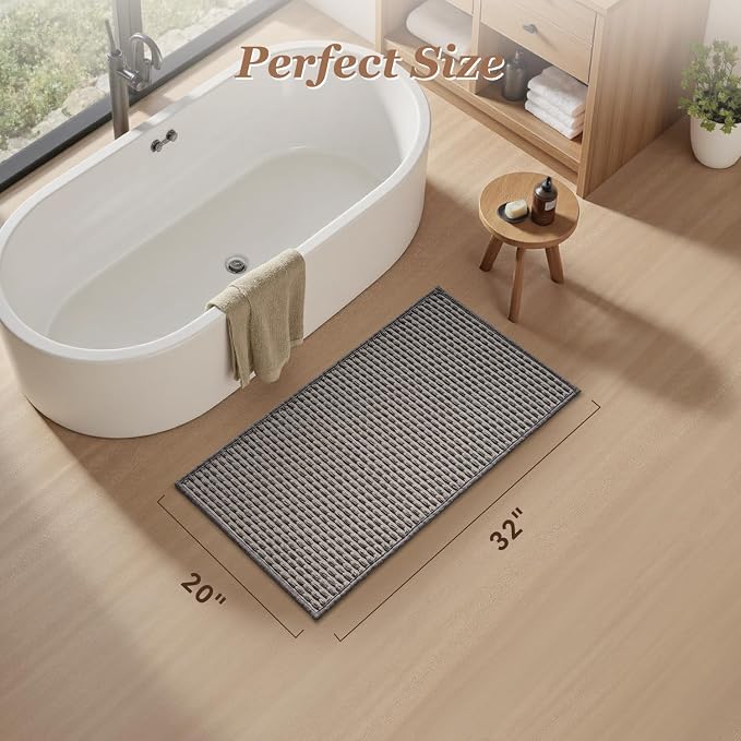 AMOAMI Unique Woven Bath Mat, Super Absorbent Non Slip Bath Mats for Bathroom Floor Textured Bathroom Mat Quick Dry Washable Boho Thin Bathroom Rugs for Beside Tub, 20" x 32", Grey