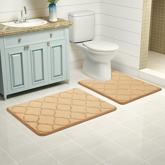 OLANLY Memory Foam Toilet Rugs U-Shaped 24x20, Ultra Soft and Absorbent Bathroom Rugs, Non-Slip, Comfortable, Machine Washable Contour Bath Mat for Toilet Base, Home Decor Accessories, Beige