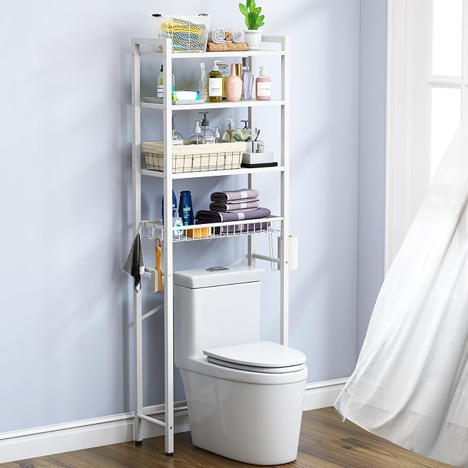 Kalrin Over-The-Toilet Storage Rack, 4-Tier Bathroom Organizer Shelf Over Toilet with Adjustable Shelf and Basket, Freestanding Space Saver Bathroom Shelves Above Toilet for Room (Pure White)