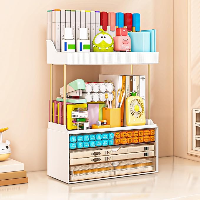 caktraie 2 Pack Bathroom Organizers and Storage - 3 Drawers 2 Tier Makeup Organizer, Cosmetic Storage Drawer for Dresser Countertop and Bathroom Vanity for Large Skincare, Perfume, Amber