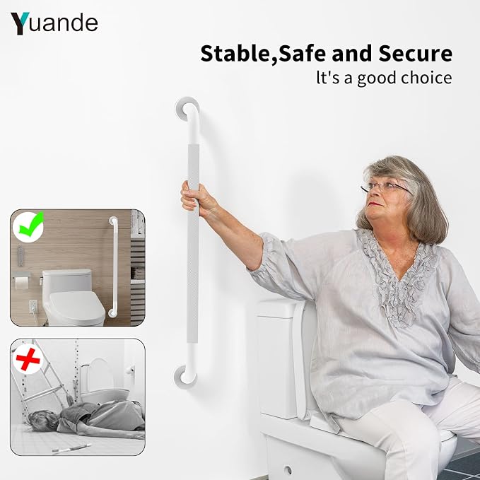 32 Inch White Shower Grab Bar with Anti-Slip Knurled Grip,YuanDe Stainless Steel Bathroom Grab Bars，Shower Handrail Support, Handicap Elderly Balance Assist Handles