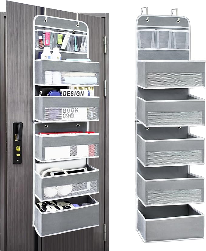 Easy Assembly Over The Door Organizer, 6 Shelves& 10 Side Pockets, Heavy-Duty Reinforced Mesh Rack Holds 44lb, Hanging Behind Door Storage for Bathroom Pantry, Nursery, Closet, Shoes, Towels-Grey