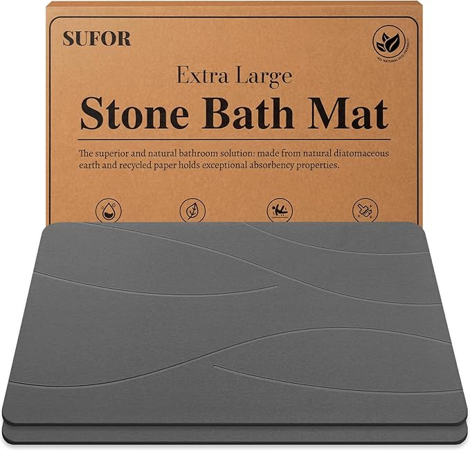 32"x20" Stone Bath Mat 2Pack, Diatomaceous Earth Shower Mat, Non-Slip Super Absorbent Quick Drying Bathroom Floor Mat, Natural, Easy to Clean (Dark Grey)
