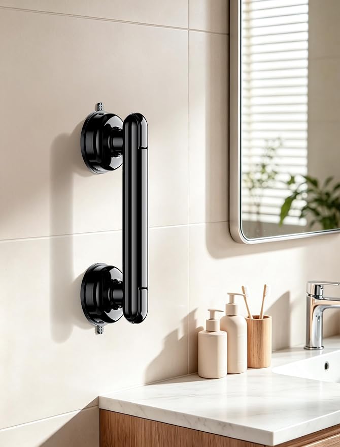 Grab Bars for Bathtubs and Showers, Shower Handles for the Elderly and People in Need, 2026 Upgraded Rubber Suction Cup with Maximum 350 lbs Suction Power, No Drilling-(Black-2 Pack)