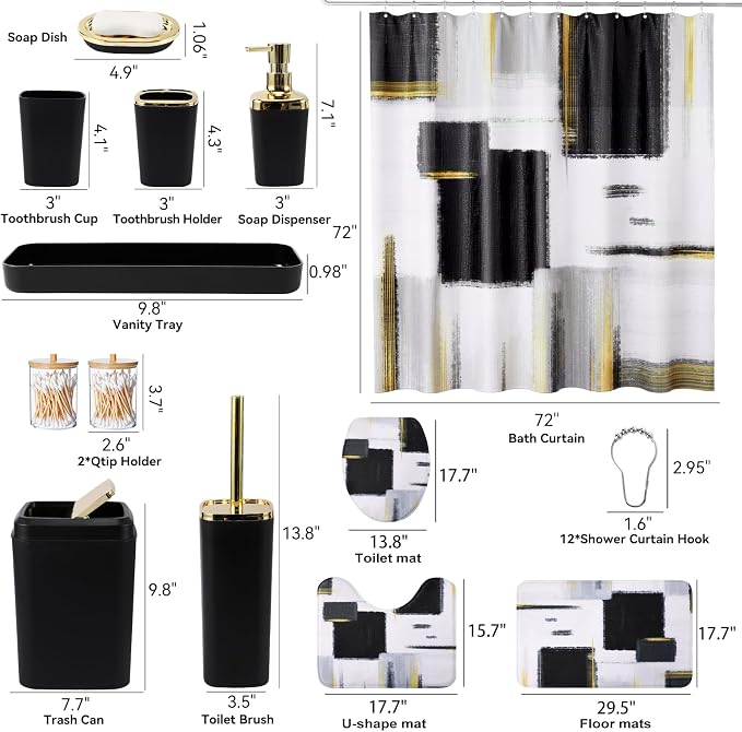 XLHOMO Bathroom Set - Black Bathroom Accessories Set, Bathroom Sets with Shower Curtain and Rugs, Black Shower Curtain Set with Bathroom Trash Can, Soap Dispenser, Soap Dish for Home Decor