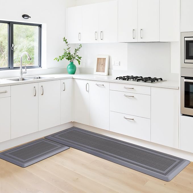 KitchenClouds [2 PCS Kitchen Rugs Cushioned Anti-Fatigue Kitchen Mats for Floor Waterproof Kitchen Rug Set Non-Slip Comfort Standing Mat for Office, Sink, Laundry 17.3"×28"+17.3"×60", Grey