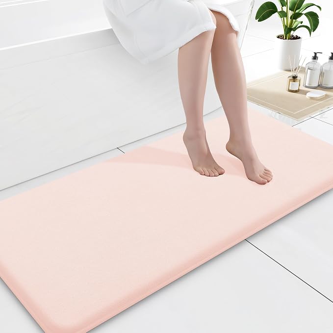 Smiry Memory Foam Bath Mat 47x20, Extra Soft and Absorbent Bathroom Mats, Non Slip Washable Carpet for Floor, Shower and Tub, Pink