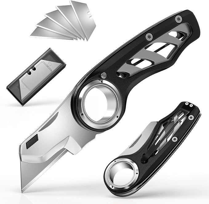 Folding Utility Knife Pocket Knife, Heavy-Duty Box Cutter with Anti Slip Finger Loop, Quick Change Blade Razor Knife, Box Cutters for Home, Office, Warehouse, Durable Razor Knife, Box Knife (Black)