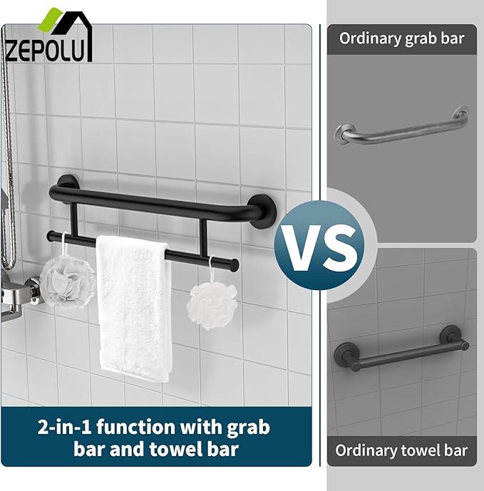 Black Towel Grab Bar 24 Inch - 1.25” Diameter, Zepolu Stainless Steel Safety Bar w/Towel Holder for Bathroom, Shower Assist Balanced Support Handle, Wall Mounted Towel Rack for Senior Elderly Handicap