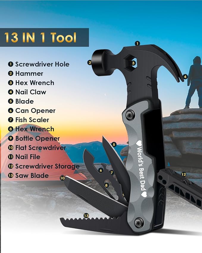Fathers Day Dad Gifts from Daughter Son Wife, 13-in-1 Hammer Multitool, Cool Camping Accessories & Survival Tools, Unique Birthday Present Ideas Gifts for Men, Husband, Grandpa, Step Dad, Him
