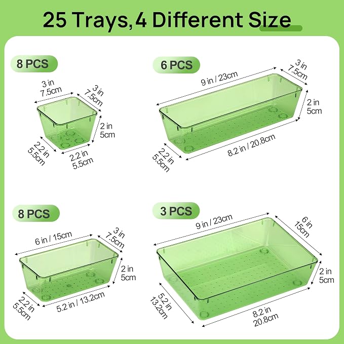 Vtopmart 25 PCS Clear Plastic Drawer Organizers Set, 4-Size Versatile Bathroom and Vanity Drawer Organizer Trays, Storage Bins for Makeup, Bedroom, Kitchen Gadgets Utensils and Office