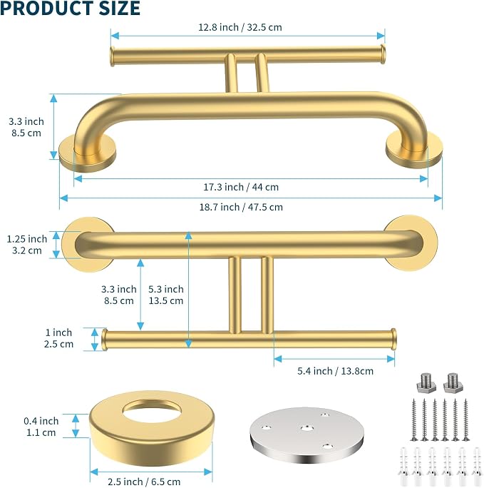 Brushed Gold Grab Bar w/Double Toilet Paper Holder, iHansee Stainless Steel Safety Grab Bar for Bathroom Toilet, Wall Mounted Shower Support Bar for Elderly, Handicap Toilet Tissue Holder