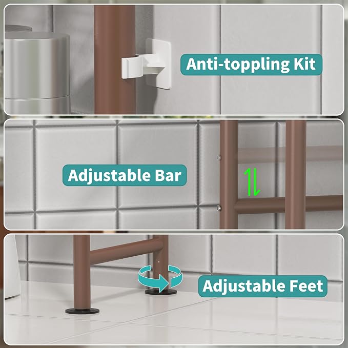 3-Tier Over The Toilet Storage Organizer, Space-Saving Bathroom Rack with Paper Holder & 4 Hooks, 64" Tall Freestanding Carbon Steel Shelf for Small Apartment Laundry Room (Bronze)