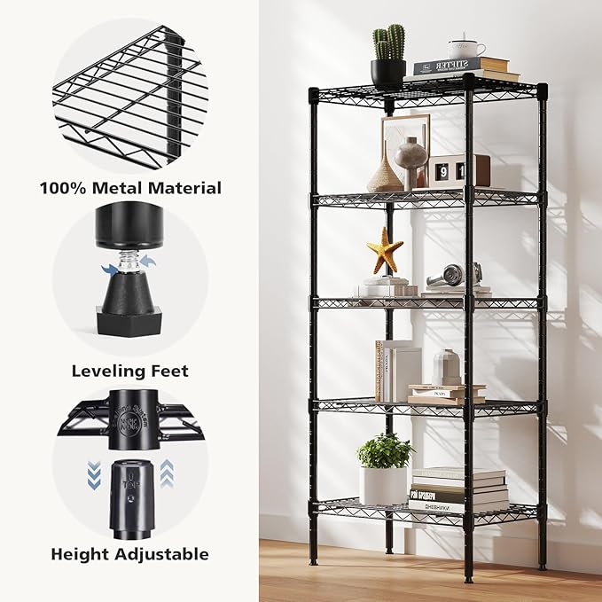 DUMOS 5-Tier Metal Wire Storage Shelves, Adjustable Standing Storage Rack Shelf, Heavy Duty Steel Shelving Unit Organizers for Kitchen Bathroom Pantry Garage, 23.2" Wx13.4 Dx59.8 H, Black