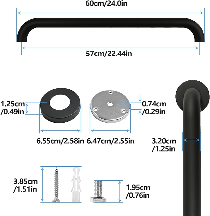 Shower Grab Bar, 2 Pack 24 Inch Black Bathroom Grab Bar, 1.25" Diameter Stainless Steel Grab Bars for Bathtubs and Showers, Handicap Shower Grab Bar for Seniors Elderly
