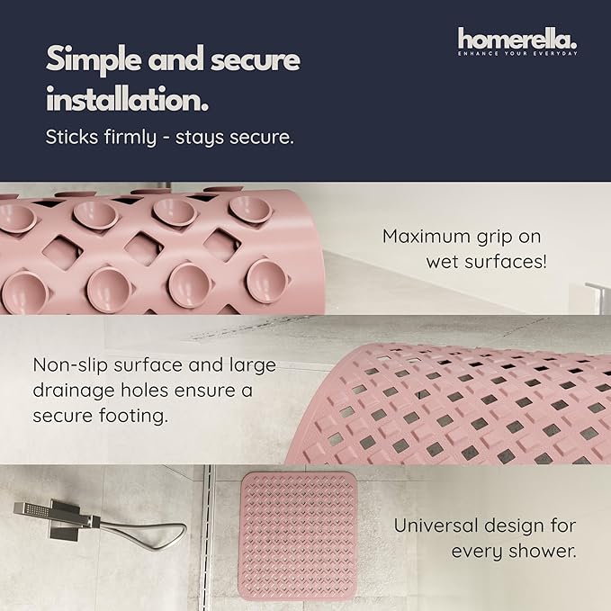 homerella® Shower Mat Non Slip Anti Mold, Non Slip Shower Mats for Inside Shower Stall Anti Slip Mat, Square Shower Floor Mat 21 x 21 in with Suction Cups & Hooks for Quick Drying, Machine Washable