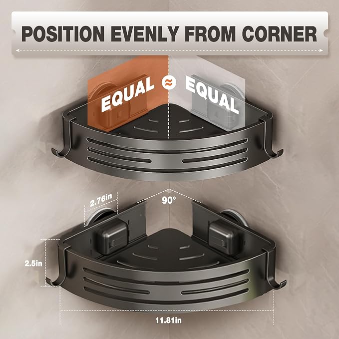 Conworld Corner Shower Caddy with Suction Cups, Shower Suction Shelf With Towel Bar, Wall Bathroom Shower Organizer Corner with Hooks, No-Drilling Removable (Aluminum, 2-Pack, Gunmetal Gray)