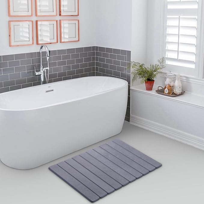 Foldable Stone Bath Mat, Quick-Drying Diatomite Bath Mat | Fast-Drying Hard Stone Drying Mat for Bathroom Shower Floor, 23.6 x 15.4 inch (Dark Grey)