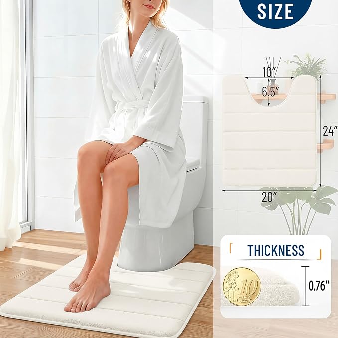 OLANLY Memory Foam Toilet Rugs U Shaped 24x20, Super Soft Absorbent Contour Bath Rugs, Quick Dry, Machine Washable Toilet Mat, Bathmat Floor Carpet, Bathroom Home Decor Accessories, Ivory