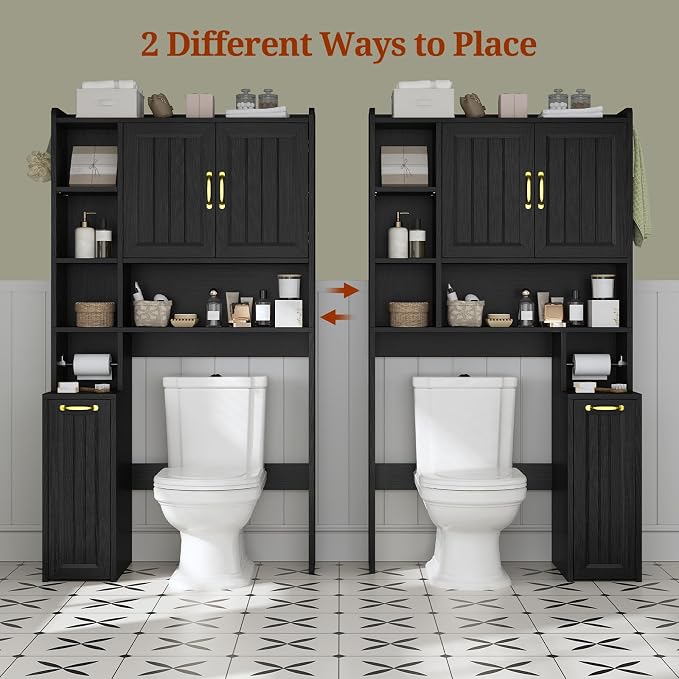 UPOSOJA Over The Toilet Storage Cabinet with Pulley, Bathroom Cabinet, Space Saver W/Adjustable Shelf Rack for Bathroom, Restroom, Laundry (Black-Type A)