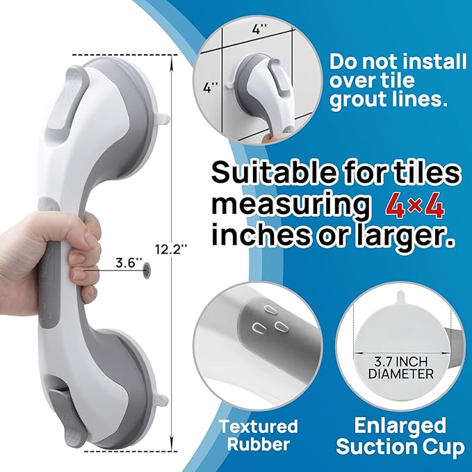 LEVERLOC Shower Grab Bar, 12 Inch Suction Grab Bars for Bathtubs, Shower Handle Handrail for Seniors Bathroom Safety Grip for Elderly, Heavy Duty No Drilling Removable,Grey