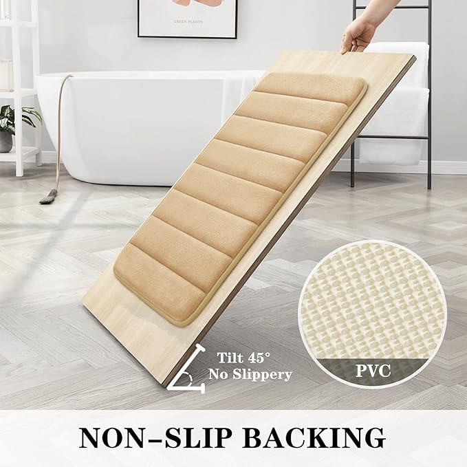 BYSURE Beige Memory Foam Bathroom Rug Set 3 Piece, Non Slip Extra Soft Absorbent Bath Mats, Machine Washable & Dry Toilet Mat Sets for Bathroom Floor
