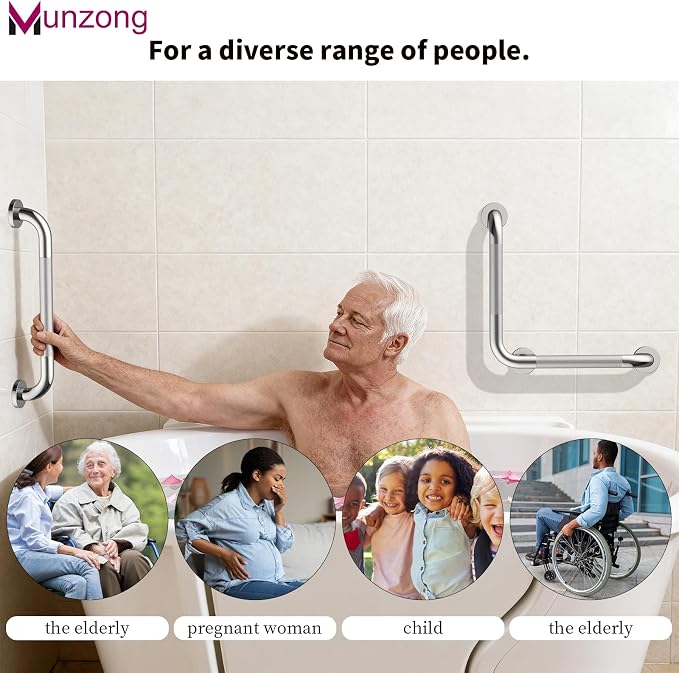 16 Inch Angled Bathroom Grab Bars with 20 Inch Straight Munzong Brushed Nickel Toilet Handicap Grab Rail for Showers,Anti Slip Stainless Steel Knurled Safety Handle Support Elderly Injury Senior