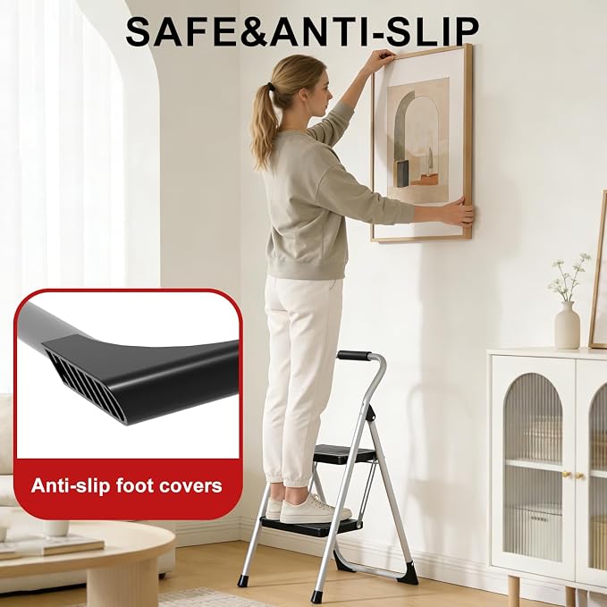 2 Step Ladder for Kitchen Step Stool, Lightweight Folding Step Stool with Curved Safety Handrail, Auto-Lock Mechanism & Non-Slip Wide Pedals, Slim&Foldable for Home Indoor（Sliver）