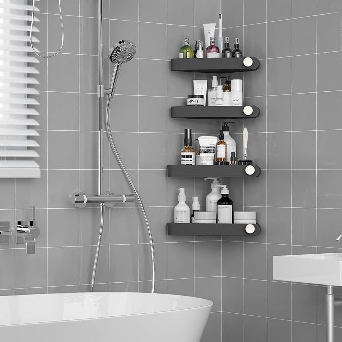 Sotfamily Plastic Shower Caddy Corner (for 90° Only), 4 Pack Adhesive Corner Shower Shelves for Smooth Wall Bathroom Organizers and Storage, Black