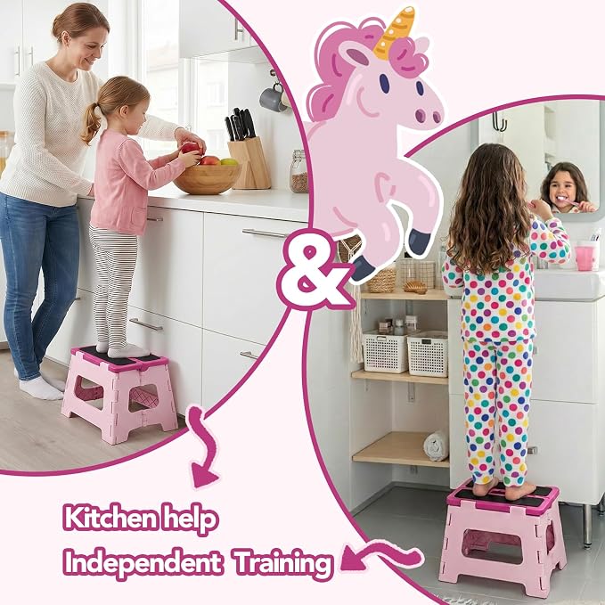 Delxo 9 Inch Folding Step Stool for Kids - Includes 3 Alphabet Letter Stickers & 2 Non-Slip Grip Pads, Sturdy Foldable Foot Stool for Toddlers, Kitchen, Bathroom & Bedroom (Pink)