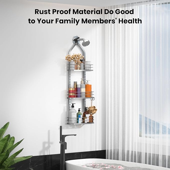 Shower Caddy Hanging (Silver), Adjustable Anti-Swing-Over The Shower Head Caddy, 3 Tier Height Bathroom Storage Organizer Bathroom Shelves Basket Rack Shower Caddies (3Tier)