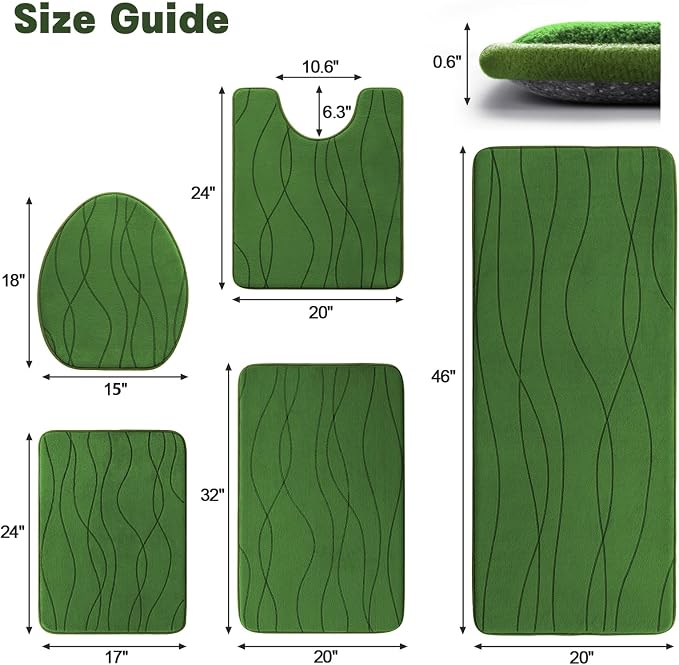 YIHOUSE Memory Foam Bathroom Rug Sets, Glass Green, 5 Pieces | Ultra Soft, Absorbent, Non-Slip, Machine Washable