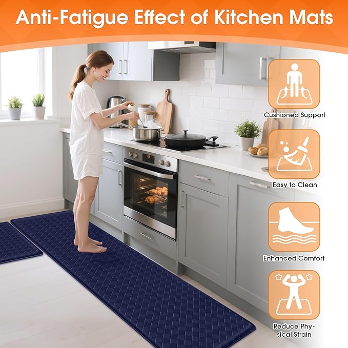 TranquilRelax 2-Piece Anti-Fatigue Kitchen Mats, Cushioned Non-Slip Waterproof Sink & Stove Floor Mats, Comfortable Standing Rug Set for Kitchen, Laundry & Entryway, Blue