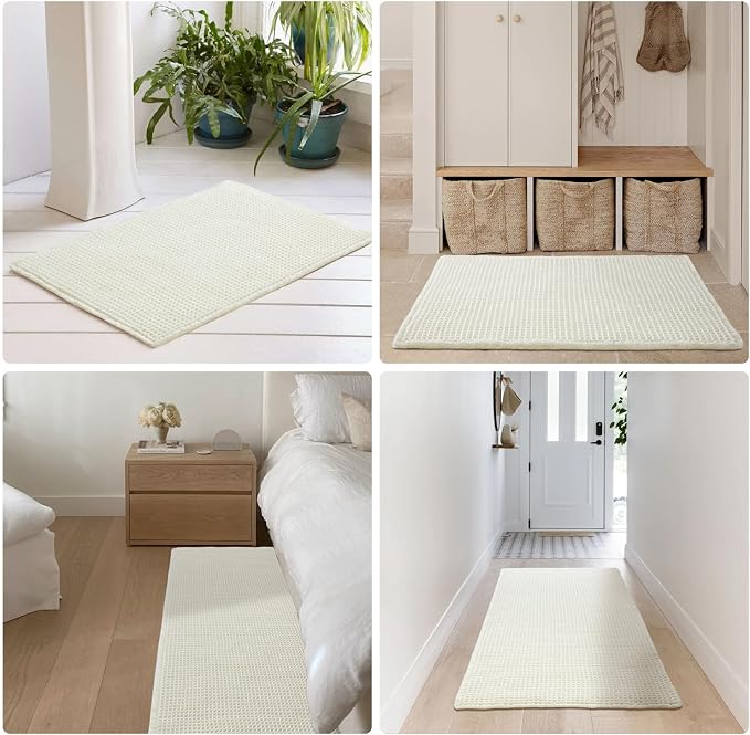 TYUU Cream White Bathroom Rugs, Waffle Bath Mat Non Slip Washable Super Absorbent Quick Dry Boho Farmhouse Bathroom Decor, 36"x24" Cream White