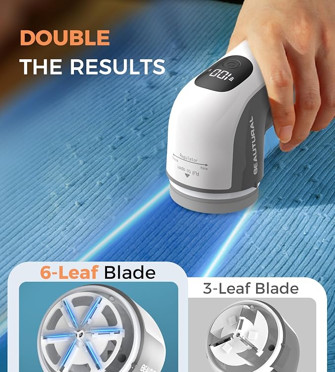 BEAUTURAL Fabric Shaver, Rechargeable Lint Remover, Electric Portable Sweater Defuzzer with 3 Speeds, 6 Leaf Blades, Digital LED Display, Remove Pilling for Clothes, Furniture, Sweater, Couch, Blanket